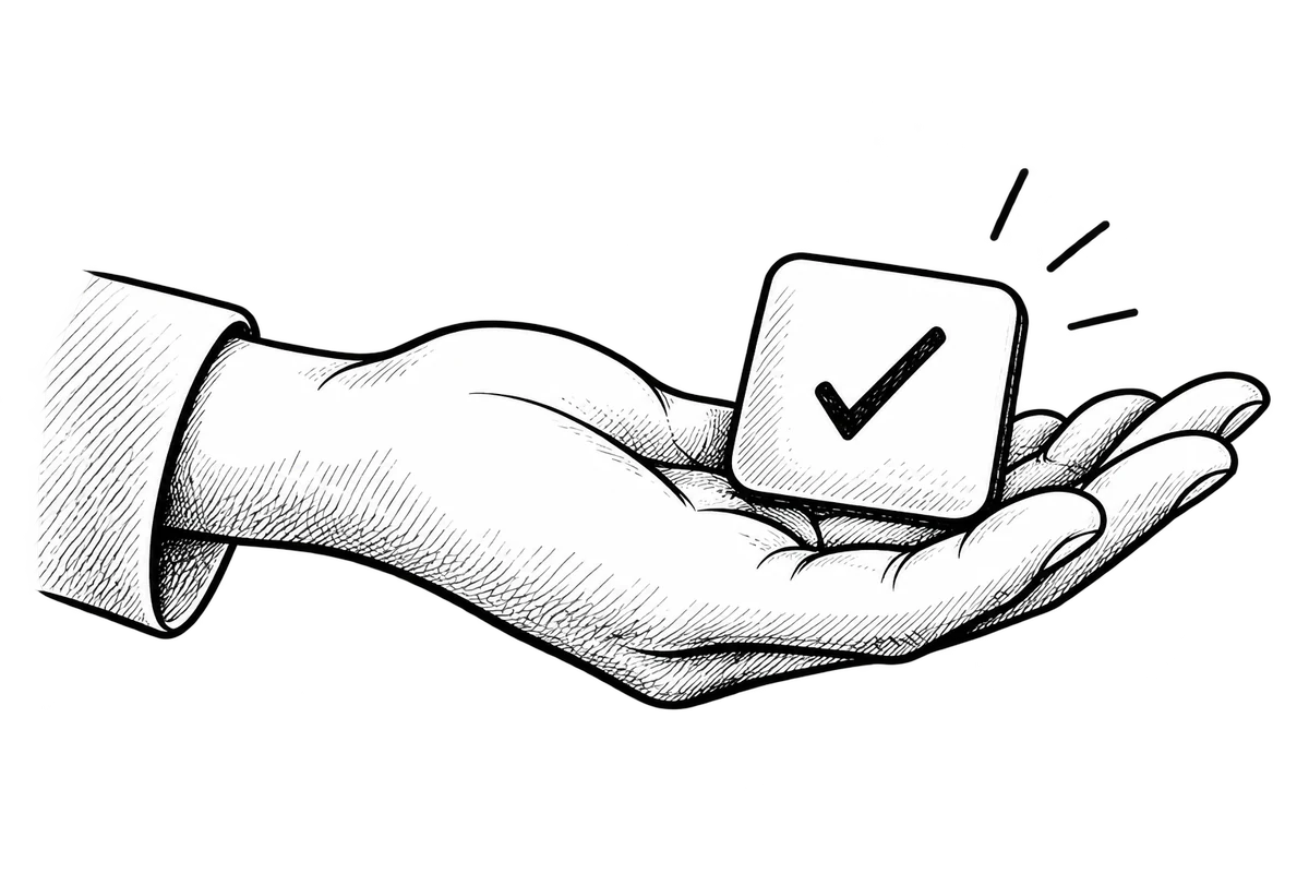 An open hand holding a completed task.