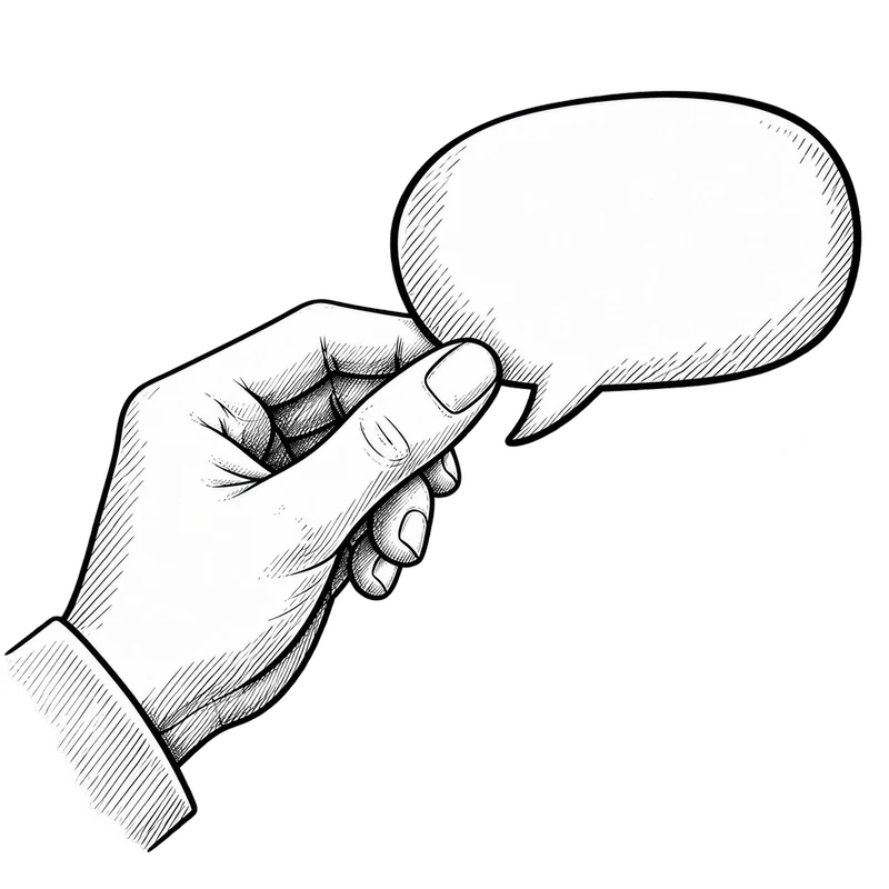 An ink drawing of a hand holding a speech bubble.