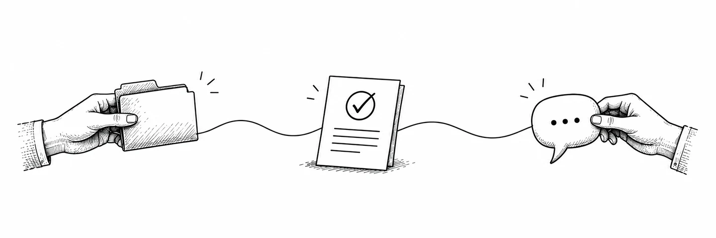 An ink line connects a folder handed over, a completed task and a conversation when your input is needed.