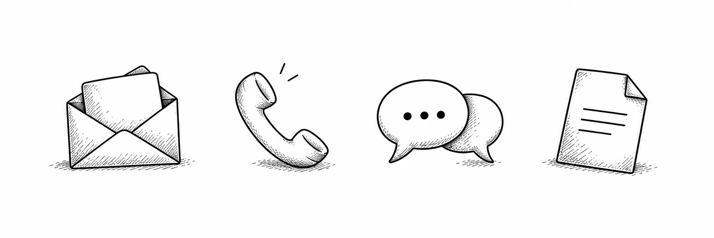 Four ink illustrations representing everyday work: an email envelope, a telephone, chat bubbles and a document.